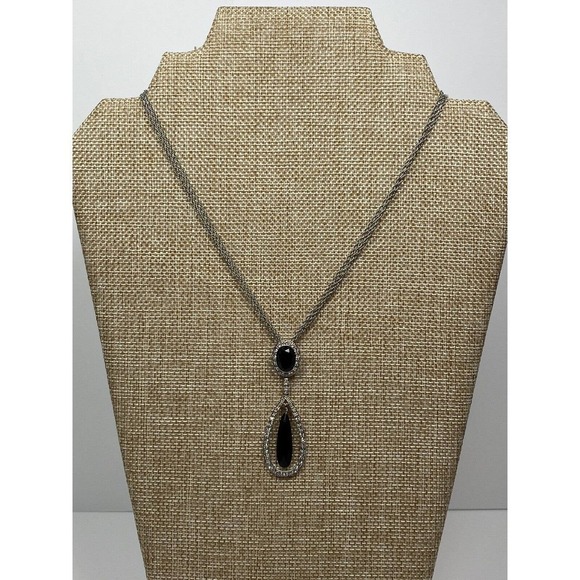 Monet Necklace Silver Tone Black Teardrop Pendant Rhinestones 16”+1.5” - Picture 9 of 9